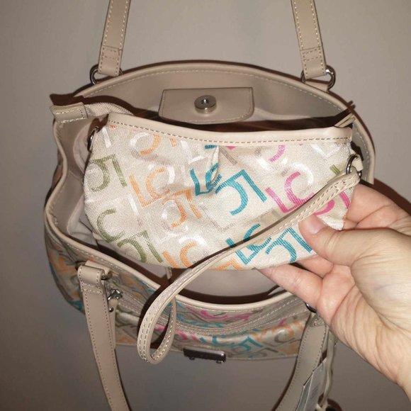 NWT Liz Claiborne Handbag, khaki with multi color LC's, - Picture 12 of 16